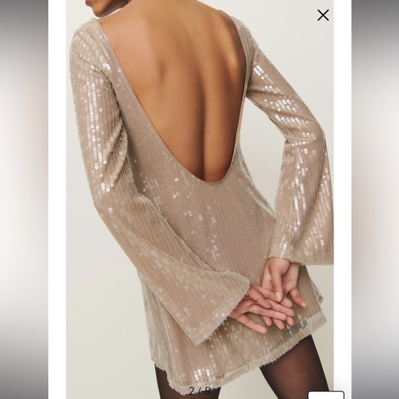 🦃NWT Reformation Sereia Sequin Long Sleeve Champagne Sequin Minidress - Picture 2 of 12